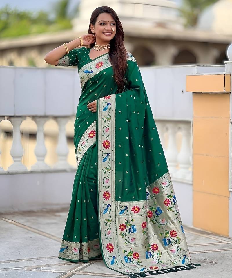 Green color paithani silk woven meenakari jacquard saree