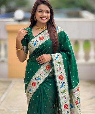Green paithani silk blend woven meenakari jacquard saree 3