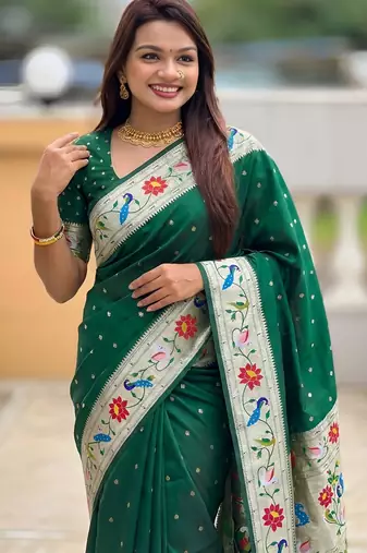Green paithani silk blend woven meenakari jacquard saree