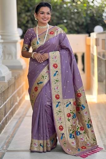 Lavender color paithani silk woven meenakari jacquard saree