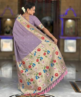 Lavender paithani silk blend woven meenakari jacquard saree 2