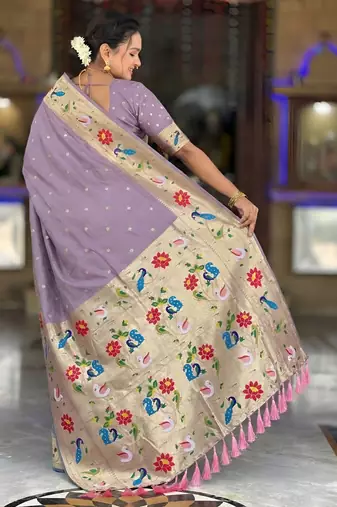 Lavender paithani silk blend woven meenakari jacquard saree