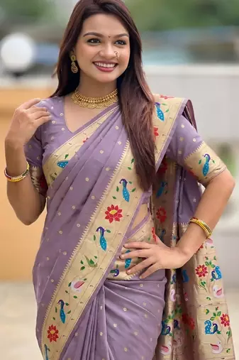 Lavender paithani silk blend woven meenakari jacquard saree