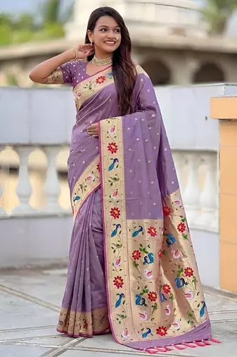 Lavender paithani silk blend woven meenakari jacquard saree