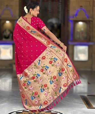Pink paithani silk blend woven meenakari jacquard saree 2