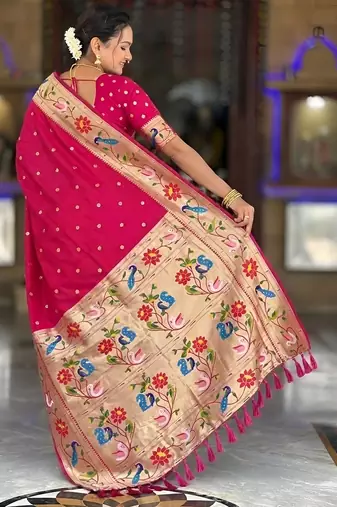 Pink paithani silk blend woven meenakari jacquard saree