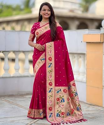 Pink paithani silk blend woven meenakari jacquard saree 4