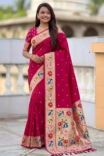 Pink paithani silk blend woven meenakari jacquard saree