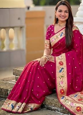 Pink paithani silk blend woven meenakari jacquard saree 5