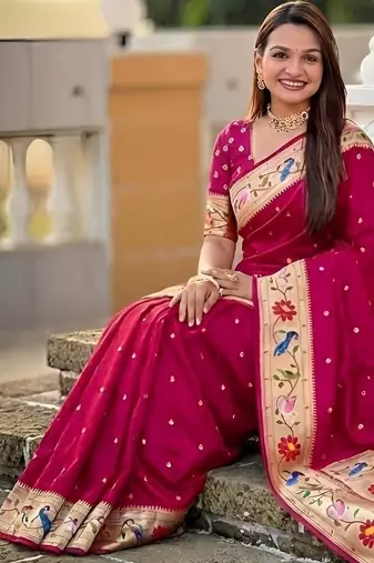 Pink paithani silk blend woven meenakari jacquard saree