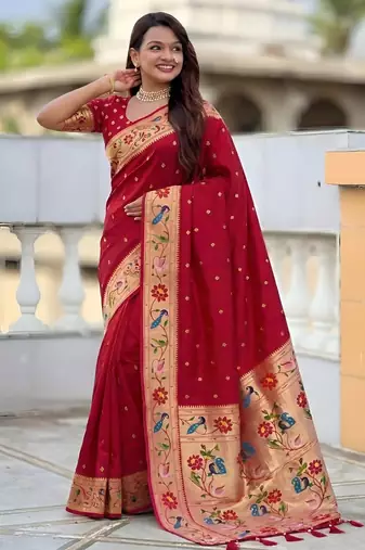 Red color paithani silk woven meenakari jacquard saree