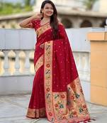 Red paithani silk woven meenakari jacquard saree