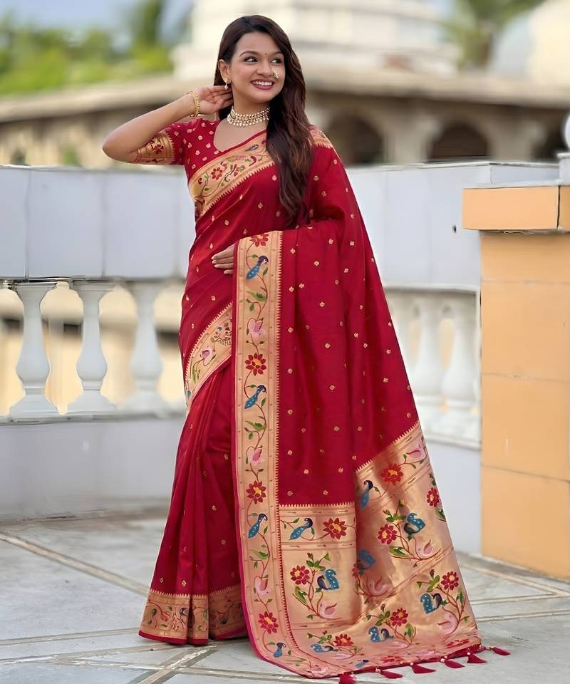 Red color paithani silk woven meenakari jacquard saree