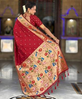 Red paithani silk blend woven meenakari jacquard saree 2