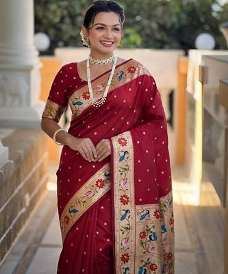 Red paithani silk blend woven meenakari jacquard saree 3
