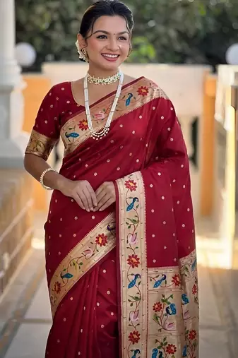 Red paithani silk blend woven meenakari jacquard saree