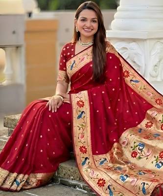 Red paithani silk blend woven meenakari jacquard saree 5