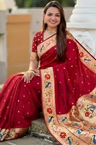 Red paithani silk blend woven meenakari jacquard saree