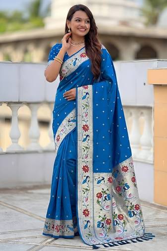 Sky blue color paithani silk woven meenakari jacquard saree
