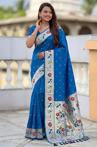 Sky blue paithani silk woven meenakari jacquard saree