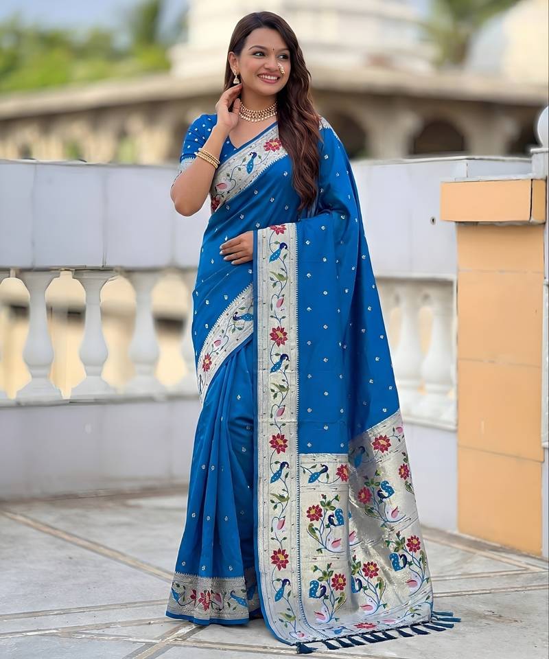 Sky blue color paithani silk woven meenakari jacquard saree