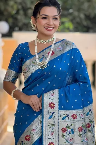 Sky blue paithani silk blend woven meenakari jacquard saree