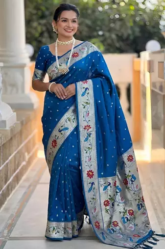 Sky blue paithani silk blend woven meenakari jacquard saree