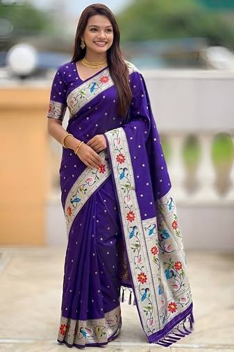 Violet color paithani silk woven meenakari jacquard saree