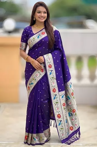 Violet paithani silk woven meenakari jacquard saree