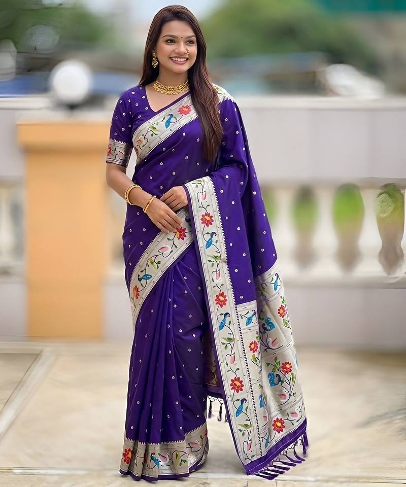 Violet color paithani silk woven meenakari jacquard saree
