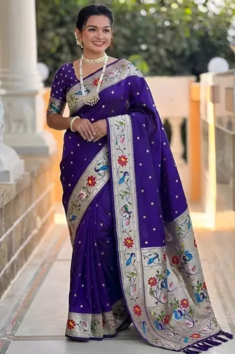 Violet paithani silk blend woven meenakari jacquard saree