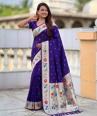 Violet paithani silk blend woven meenakari jacquard saree 4