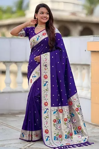 Violet paithani silk blend woven meenakari jacquard saree