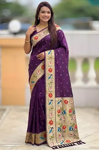 Wine paithani silk woven meenakari jacquard saree