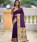 Wine paithani silk woven meenakari jacquard saree