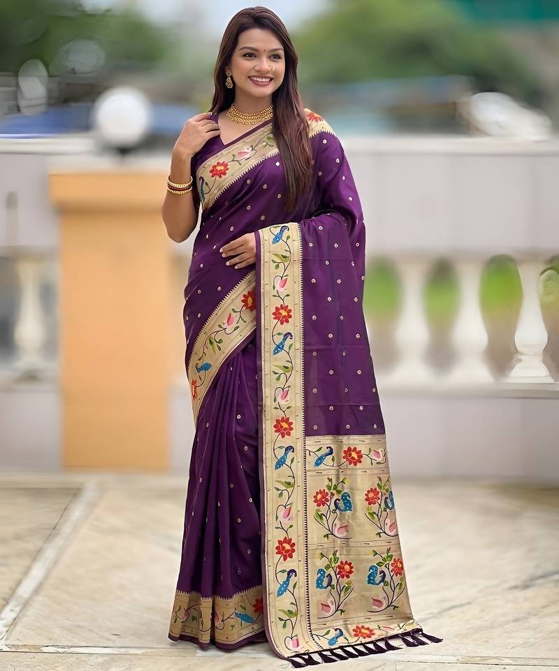 Wine color paithani silk woven meenakari jacquard saree