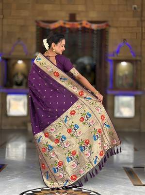 Wine paithani silk blend woven meenakari jacquard saree 2