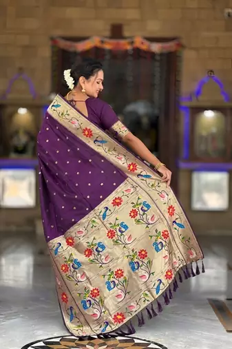 Wine paithani silk blend woven meenakari jacquard saree