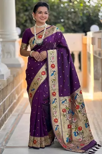 Wine paithani silk blend woven meenakari jacquard saree