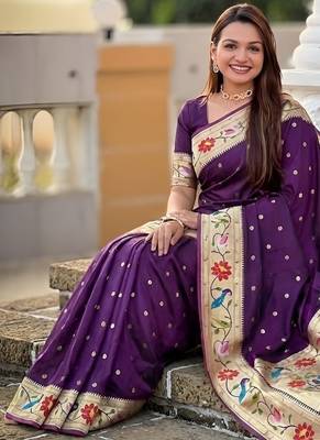 Wine paithani silk blend woven meenakari jacquard saree 5