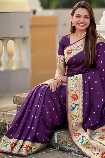 Wine paithani silk blend woven meenakari jacquard saree