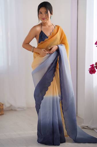 Orange-grey color designer padding colors arco border fancy girlie saree
