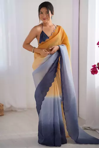 Orange-grey color designer padding colors arco border fancy girlie saree