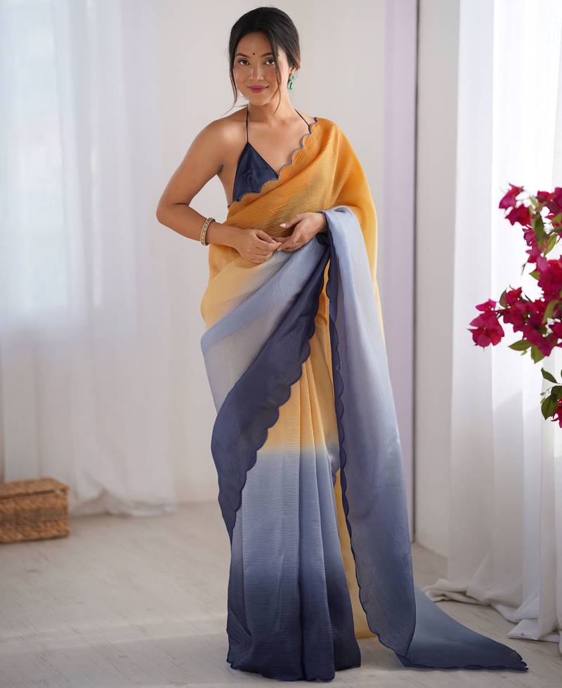 Orange-grey color designer padding colors arco border fancy girlie saree
