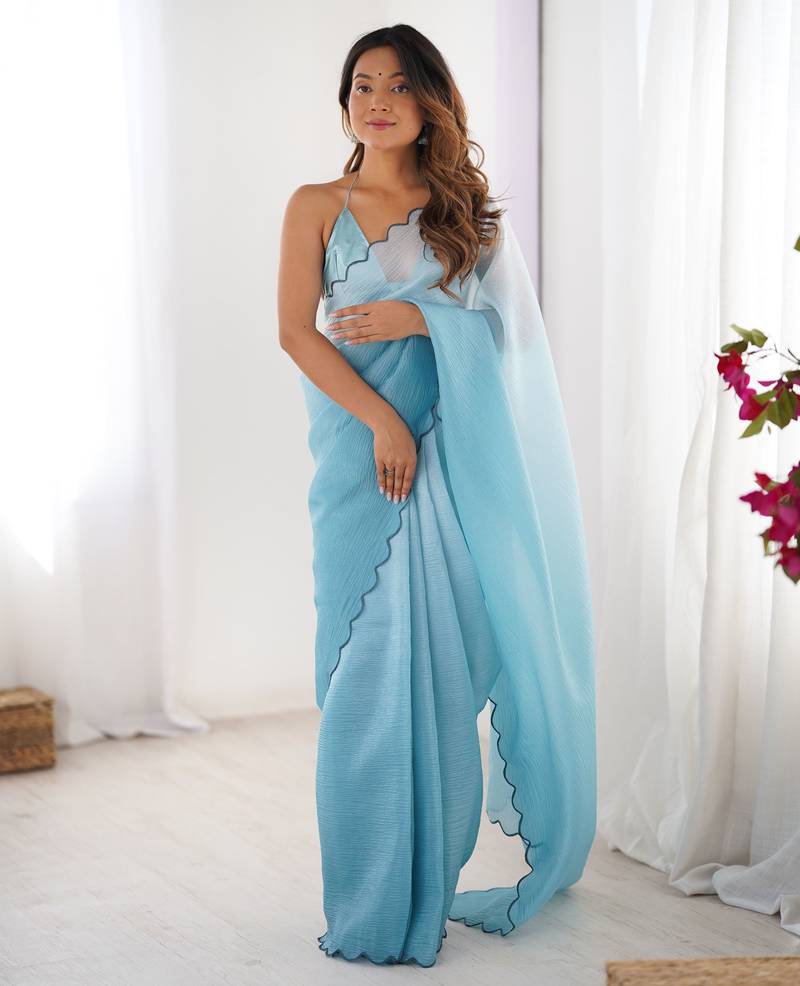 Sky blue color designer padding colors arco border fancy girlie saree