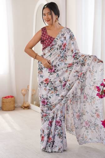 White color chinon fabric designer printed elegant saree with swarovski work
