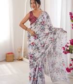 White chinon fabric designer printed elegant saree with swarovski work