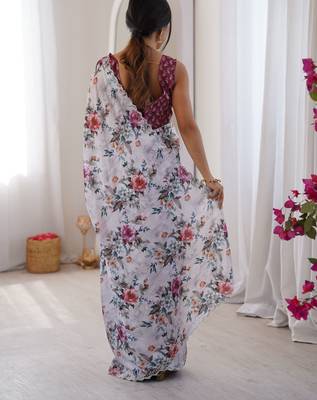 White chinon printed elegant saree with swarovski work 2