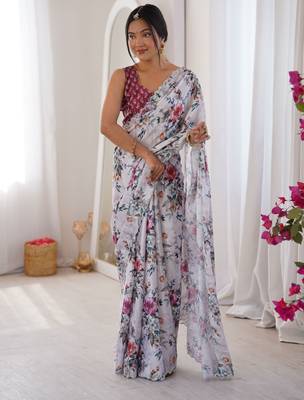 White chinon printed elegant saree with swarovski work 4