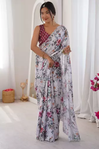 White chinon printed elegant saree with swarovski work